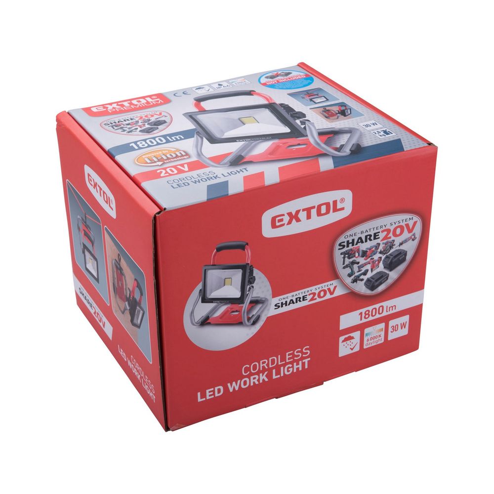 Akumulátorové pracovné svetlo, Share20V, bez batérie a nabíjačky, LED 30W, EXTOL PREMIUM Akumulátorové pracovné svetlo, Share20V, bez batérie a nabíjačky, LED 30W, EXTOL PREMIUM