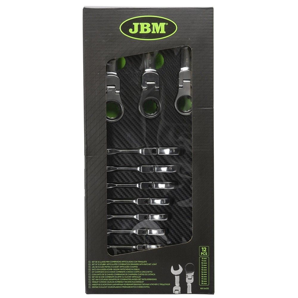 Set of 12 stubby articulated combination spanners with ratchet joint Set of 12 stubby articulated combination spanners with ratchet joint