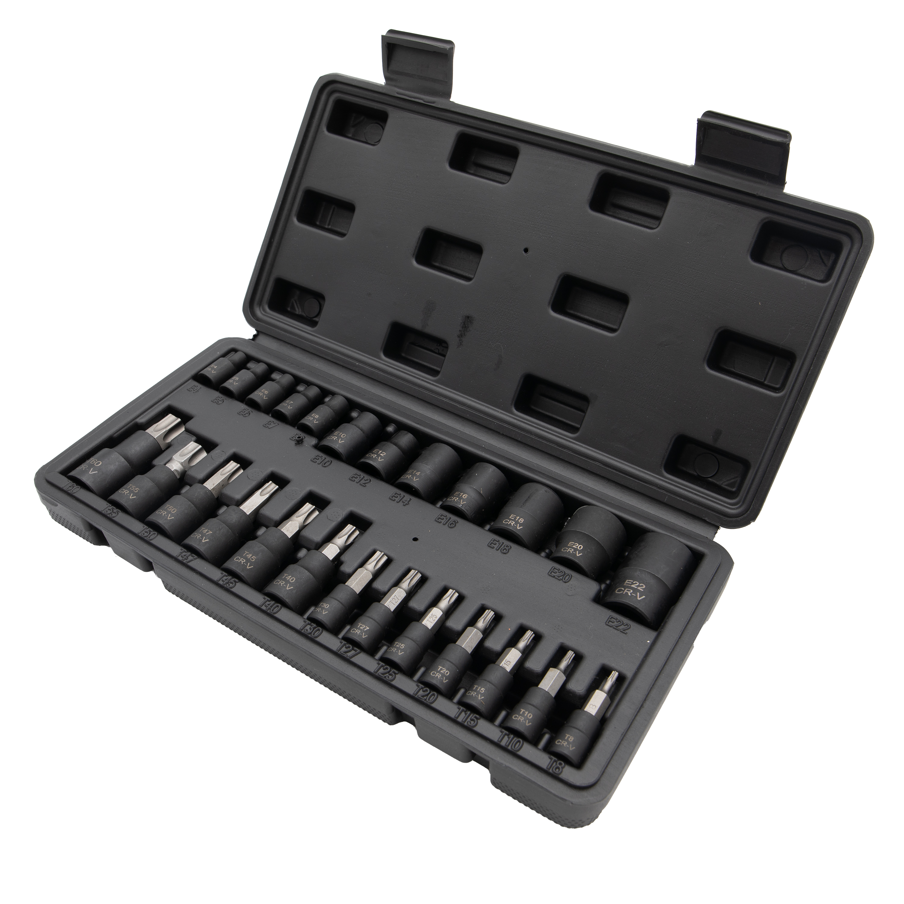 Sada nástrčných hlavíc Torx a E-Profil, T8-T60, E4-E22, 25ks Sada nástrčných hlavíc Torx a E-Profil, T8-T60, E4-E22, 25ks