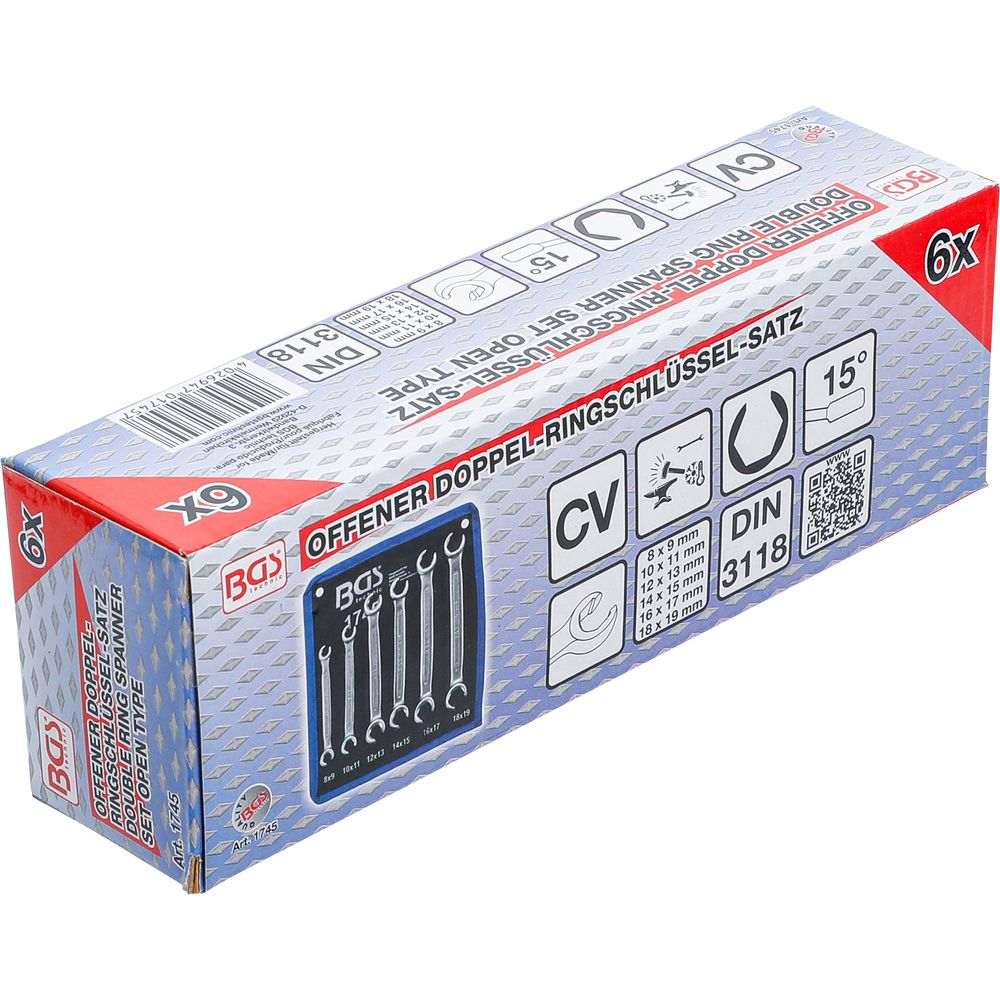 Double Ring Spanner Set, open Type, 8 x 9 - 18 x 19 mm, 6 pcs. Double Ring Spanner Set, open Type, 8 x 9 - 18 x 19 mm, 6 pcs.