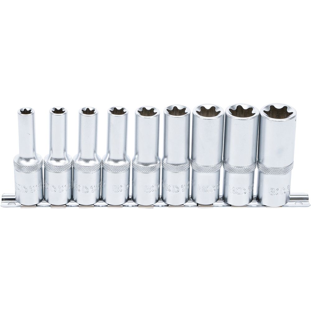 Steckschlüsselsatz, E-Profil, tief, 12,5 mm (1/2") Antrieb, E10 - E24, 9-tlg. Steckschlüsselsatz, E-Profil, tief, 12,5 mm (1/2") Antrieb, E10 - E24, 9-tlg.