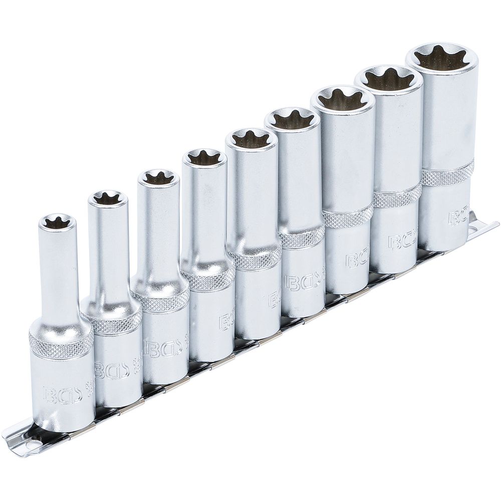 Steckschlüsselsatz, E-Profil, tief, 12,5 mm (1/2") Antrieb, E10 - E24, 9-tlg. Steckschlüsselsatz, E-Profil, tief, 12,5 mm (1/2") Antrieb, E10 - E24, 9-tlg.