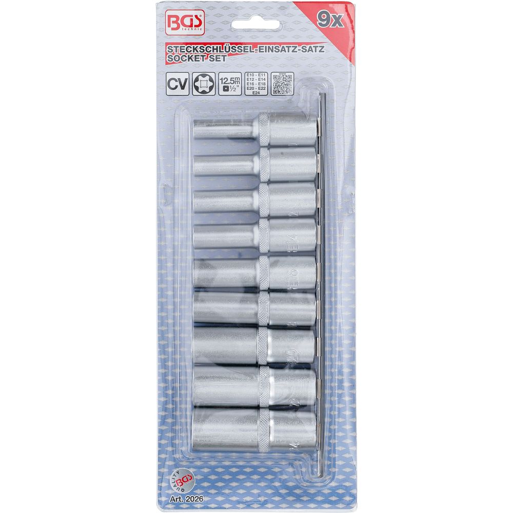 Steckschlüsselsatz, E-Profil, tief, 12,5 mm (1/2") Antrieb, E10 - E24, 9-tlg. Steckschlüsselsatz, E-Profil, tief, 12,5 mm (1/2") Antrieb, E10 - E24, 9-tlg.