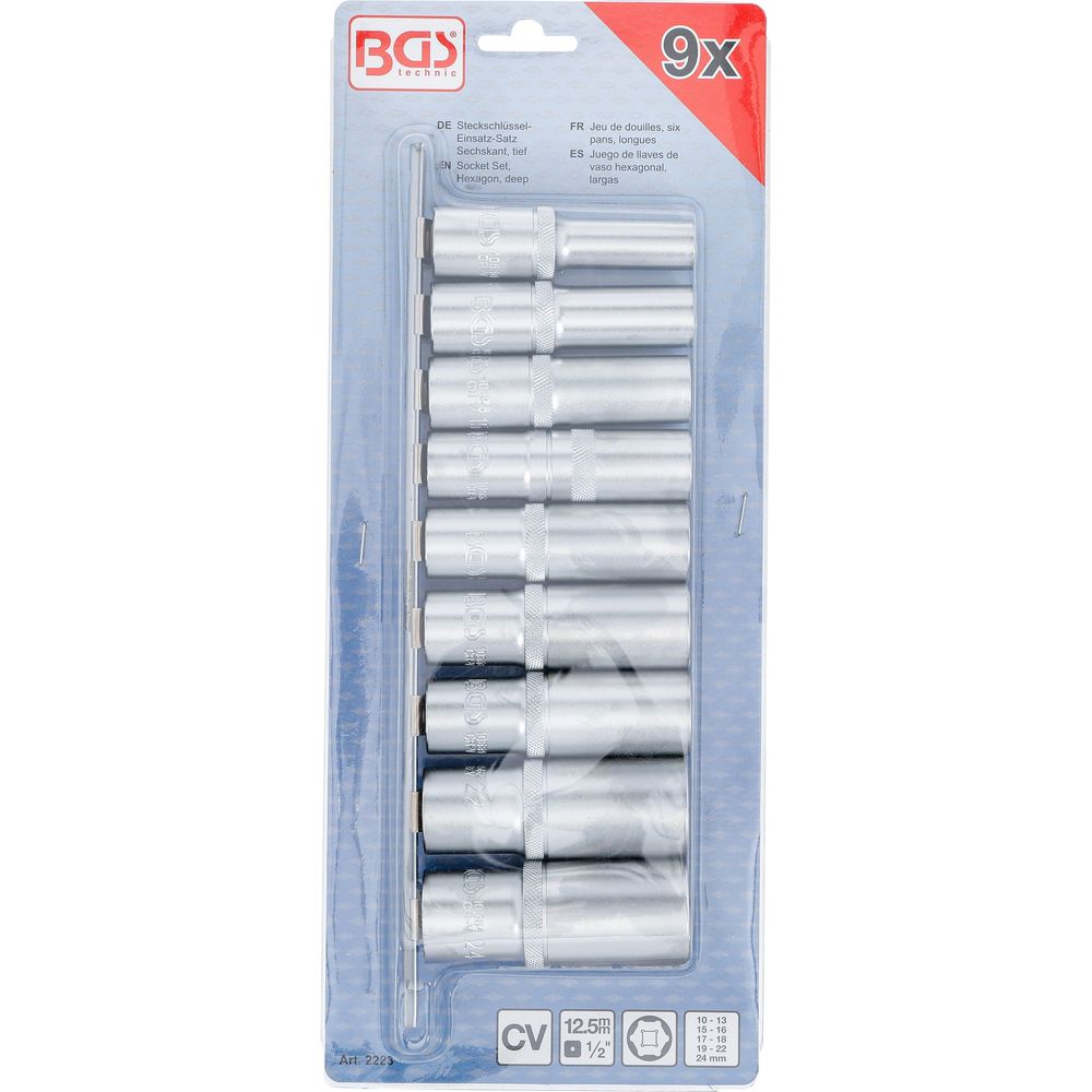 Steckschlüssel-Satz, Sechskant, tief, 1/2" Antrieb, 10 - 24 mm, 9-tlg. Steckschlüssel-Satz, Sechskant, tief, 1/2" Antrieb, 10 - 24 mm, 9-tlg.