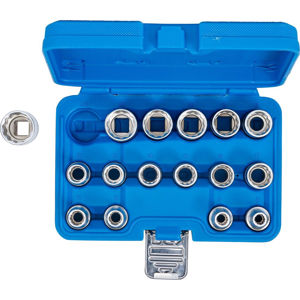 Steckschlüsselsatz, 12-kant, 1/2" Antrieb, 8 - 24 mm, 16-tlg. Steckschlüsselsatz, 12-kant, 1/2" Antrieb, 8 - 24 mm, 16-tlg.