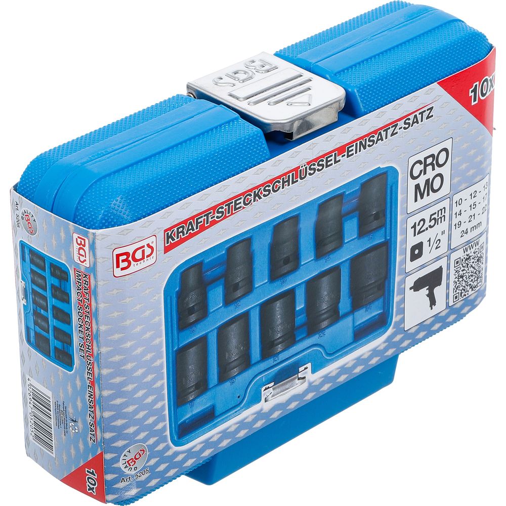 Impact Socket Set, Hexagon, 12.5 mm (1/2") Drive, 10-24mm, 10pcs Impact Socket Set, Hexagon, 12.5 mm (1/2") Drive, 10-24mm, 10pcs
