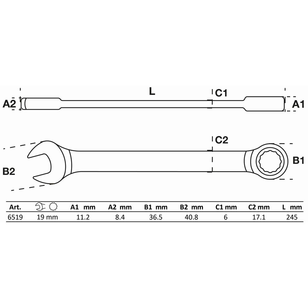 Racsnis csillag-villáskulcs, 19mm Racsnis csillag-villáskulcs, 19mm