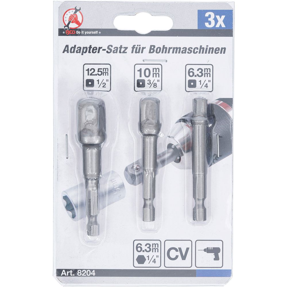 Electric Drill Adaptor Set, 6.3mm (1/4") Drive, 1/4", 3/8", 1/2", 3pcs Electric Drill Adaptor Set, 6.3mm (1/4") Drive, 1/4", 3/8", 1/2", 3pcs
