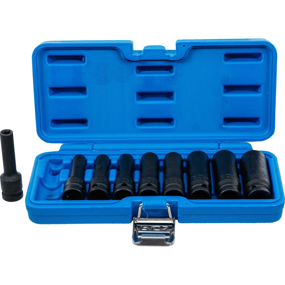 Hosszított E-profilú dugókulcs készlet, 1/2" meghajtás, E10–E24, 9db Hosszított E-profilú dugókulcs készlet, 1/2" meghajtás, E10–E24, 9db