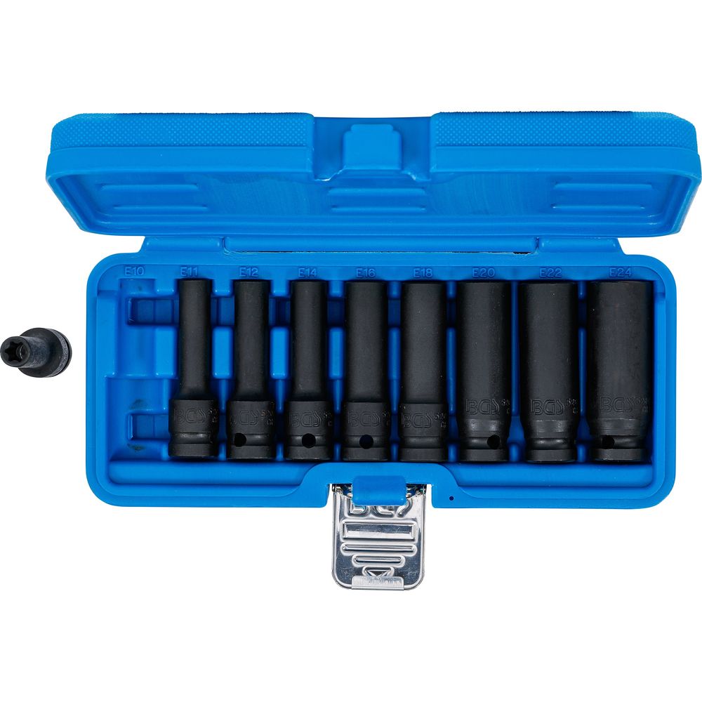 Hosszított E-profilú dugókulcs készlet, 1/2" meghajtás, E10–E24, 9db Hosszított E-profilú dugókulcs készlet, 1/2" meghajtás, E10–E24, 9db