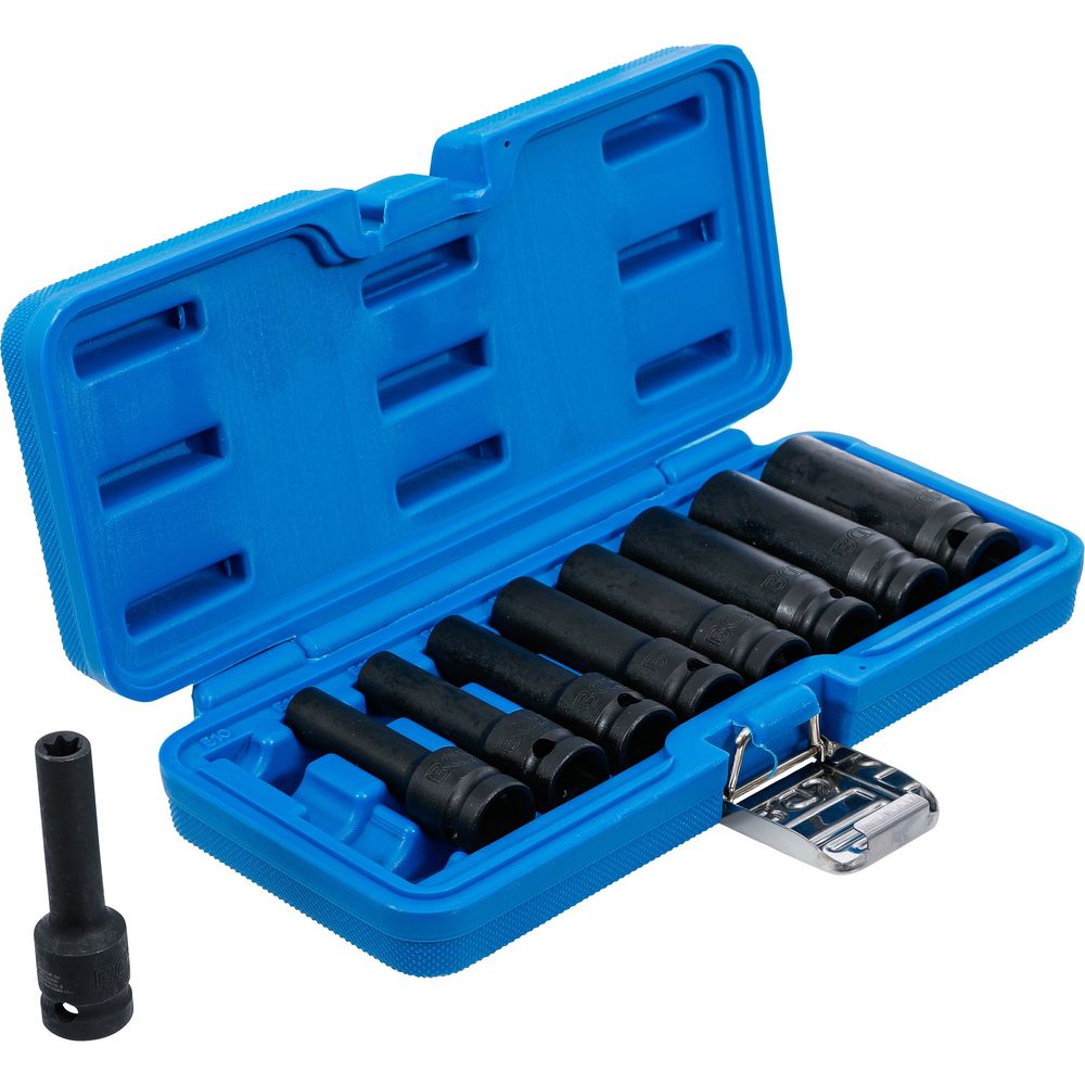 Hosszított E-profilú dugókulcs készlet, 1/2" meghajtás, E10–E24, 9db Hosszított E-profilú dugókulcs készlet, 1/2" meghajtás, E10–E24, 9db