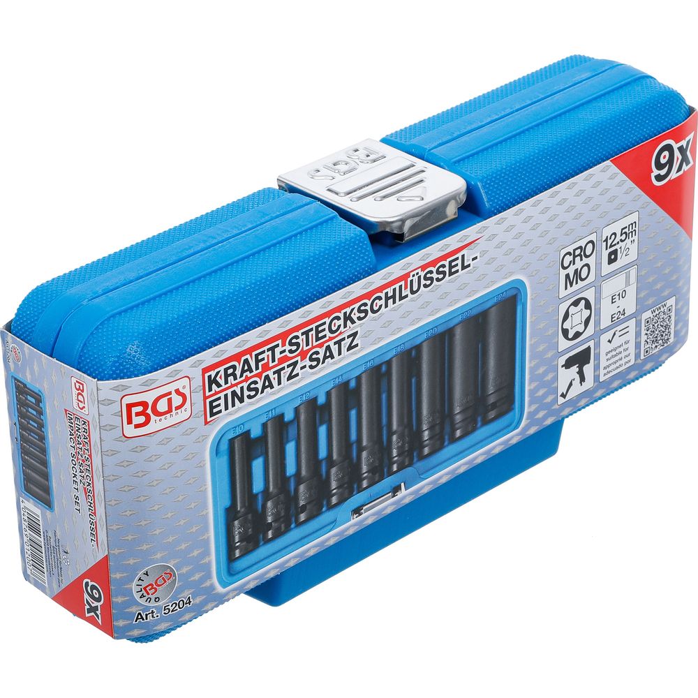 Hosszított E-profilú dugókulcs készlet, 1/2" meghajtás, E10–E24, 9db Hosszított E-profilú dugókulcs készlet, 1/2" meghajtás, E10–E24, 9db