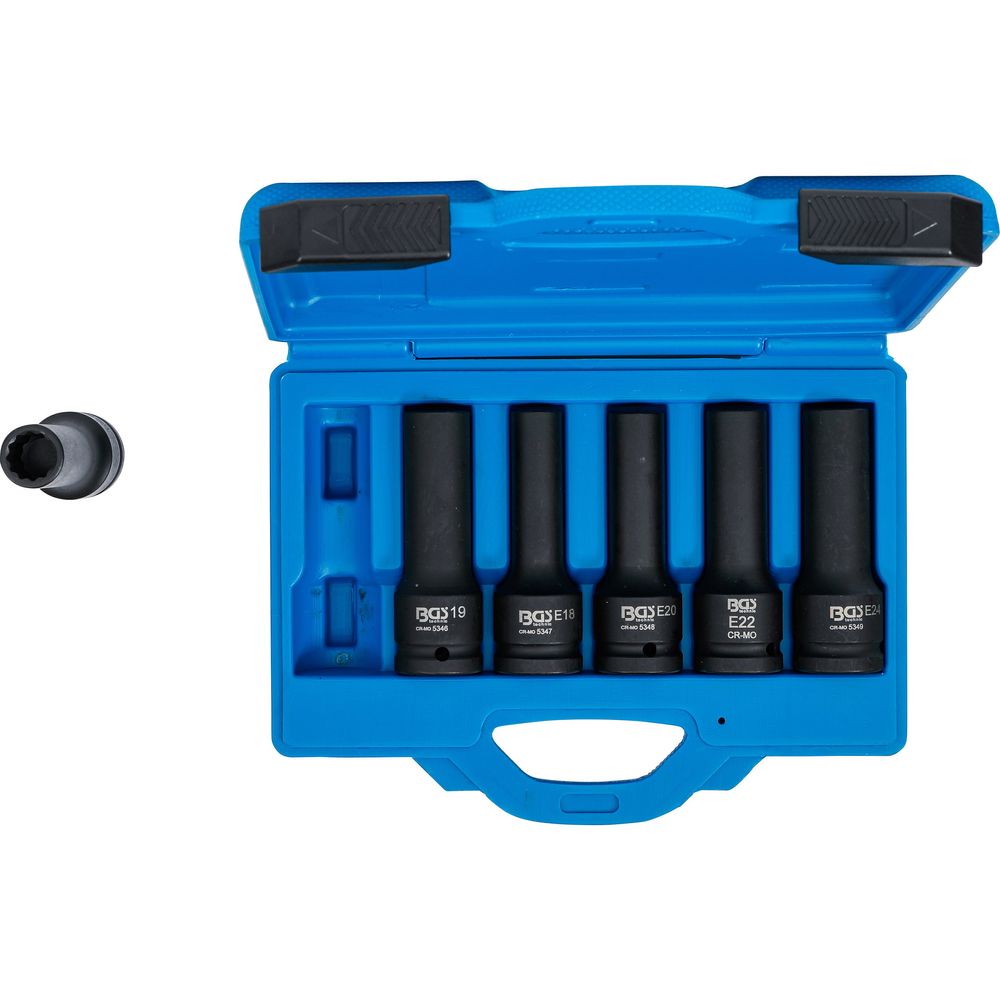 Impact socket set, E-type & 12-point, 3/4" drive, 6 pcs Impact socket set, E-type & 12-point, 3/4" drive, 6 pcs