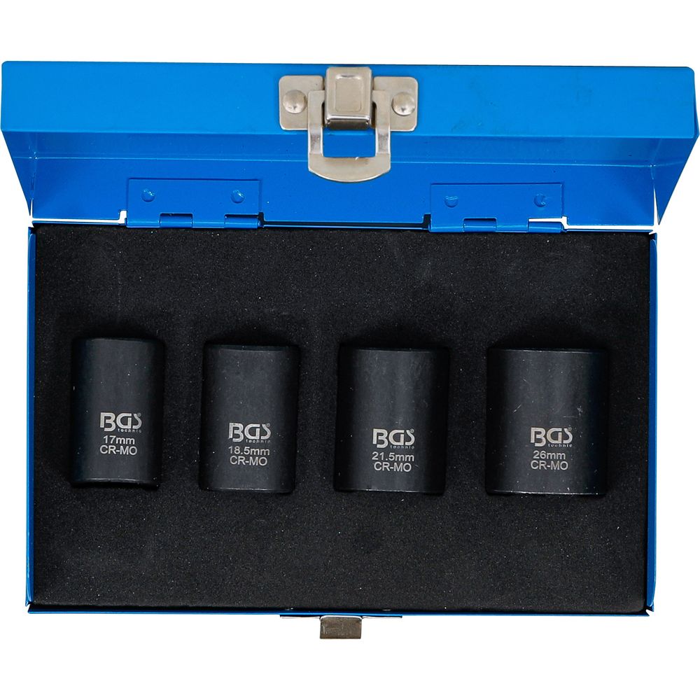 Twist socket set (spiral profile) / screw extractor, 1/2" drive, 17–26mm, 4pcs Twist socket set (spiral profile) / screw extractor, 1/2" drive, 17–26mm, 4pcs