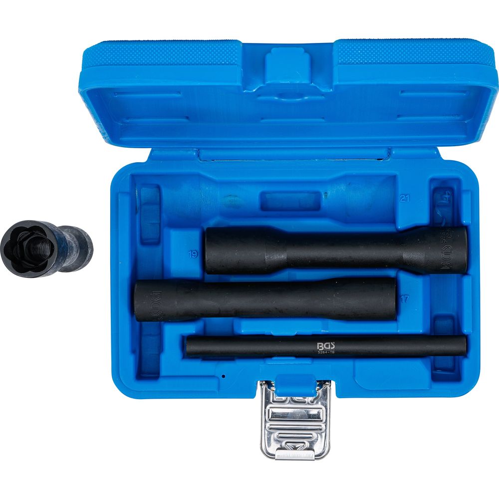 Deep twist socket set (spiral profile) / screw extractor, 1/2" drive, 17–21mm, 4pcs Deep twist socket set (spiral profile) / screw extractor, 1/2" drive, 17–21mm, 4pcs