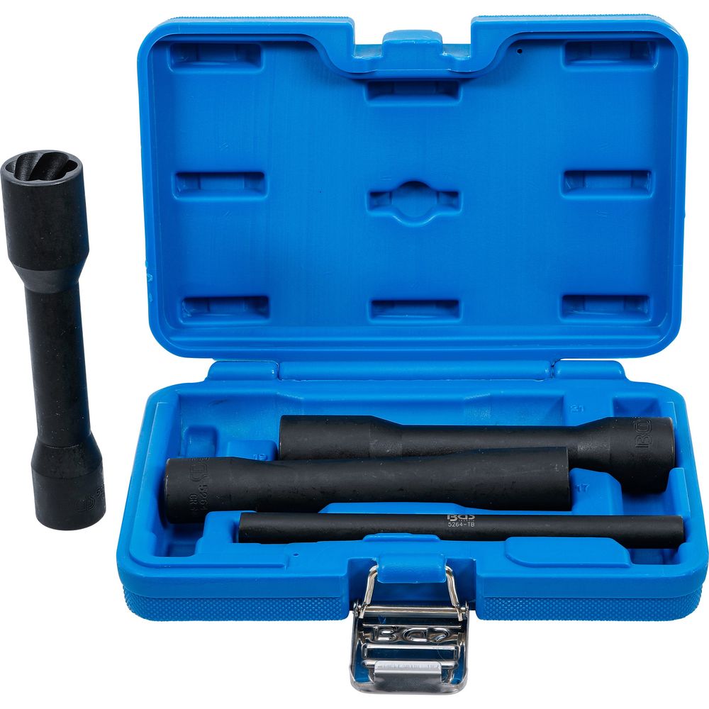 Deep twist socket set (spiral profile) / screw extractor, 1/2" drive, 17–21mm, 4pcs Deep twist socket set (spiral profile) / screw extractor, 1/2" drive, 17–21mm, 4pcs