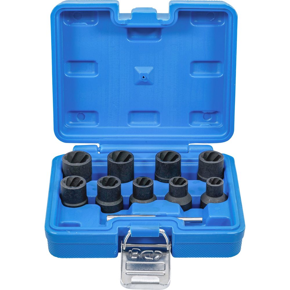 Twist socket set (spiral profile) / screw extractor, 1/2" drive, 10–19mm, 10pcs Twist socket set (spiral profile) / screw extractor, 1/2" drive, 10–19mm, 10pcs