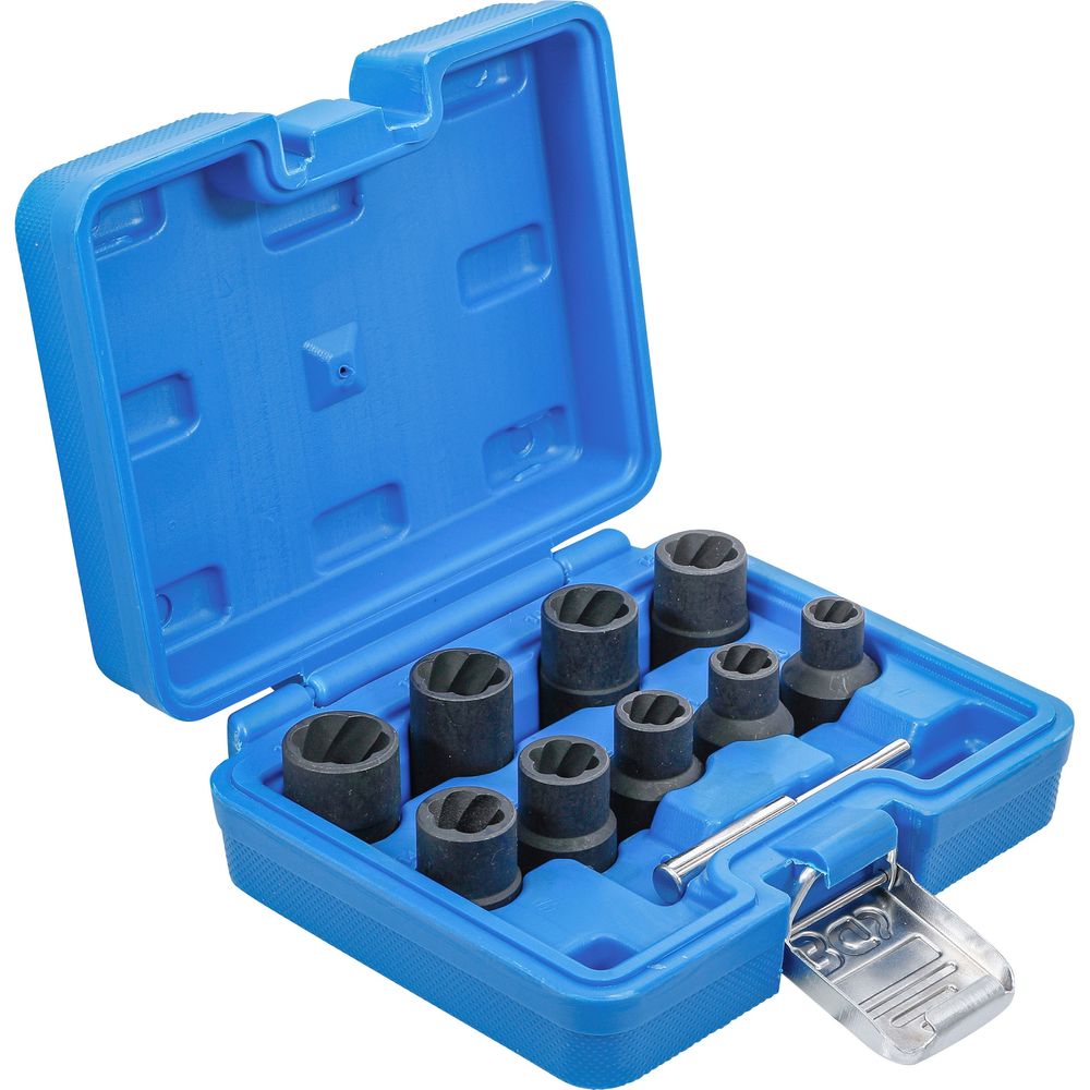 Twist socket set (spiral profile) / screw extractor, 1/2" drive, 10–19mm, 10pcs Twist socket set (spiral profile) / screw extractor, 1/2" drive, 10–19mm, 10pcs