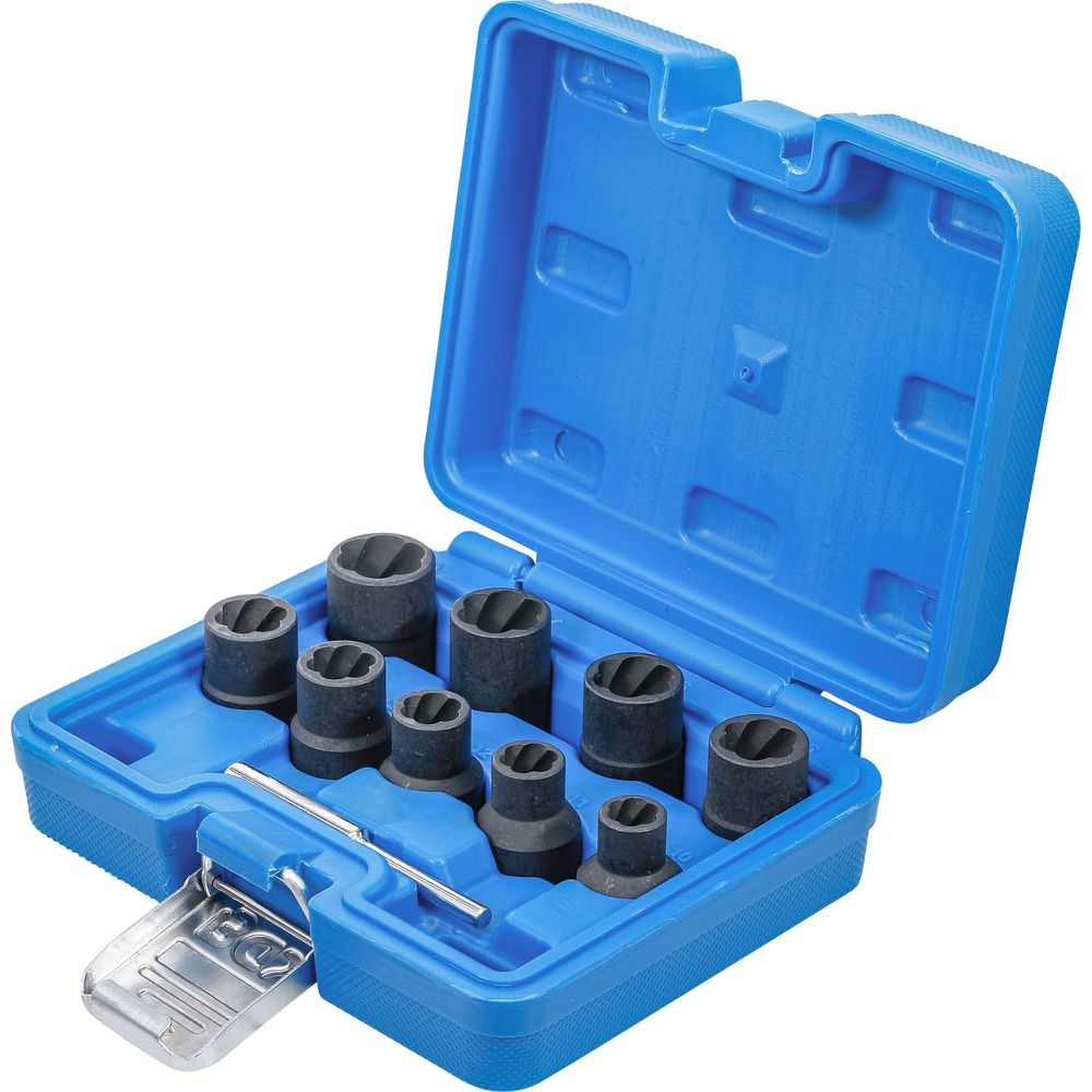 Twist socket set (spiral profile) / screw extractor, 1/2" drive, 10–19mm, 10pcs Twist socket set (spiral profile) / screw extractor, 1/2" drive, 10–19mm, 10pcs