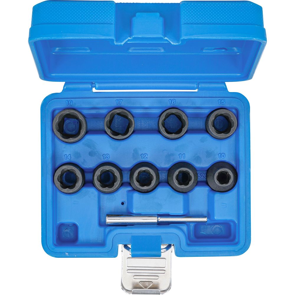 Twist socket set (spiral profile) / screw extractor, 1/2" drive, 10–19mm, 10pcs Twist socket set (spiral profile) / screw extractor, 1/2" drive, 10–19mm, 10pcs