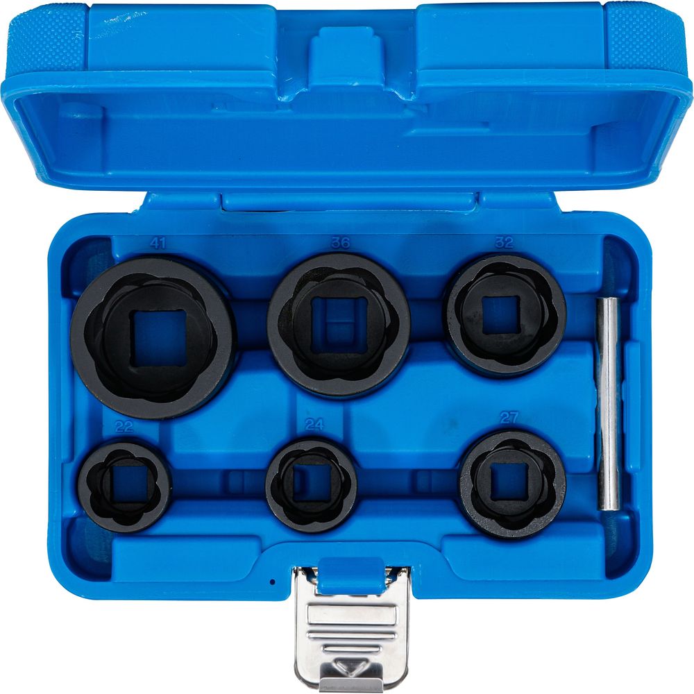 Twist socket set (spiral profile) / screw extractor, 1/2" + 3/4" drive, 22–41mm, 6pcs Twist socket set (spiral profile) / screw extractor, 1/2" + 3/4" drive, 22–41mm, 6pcs