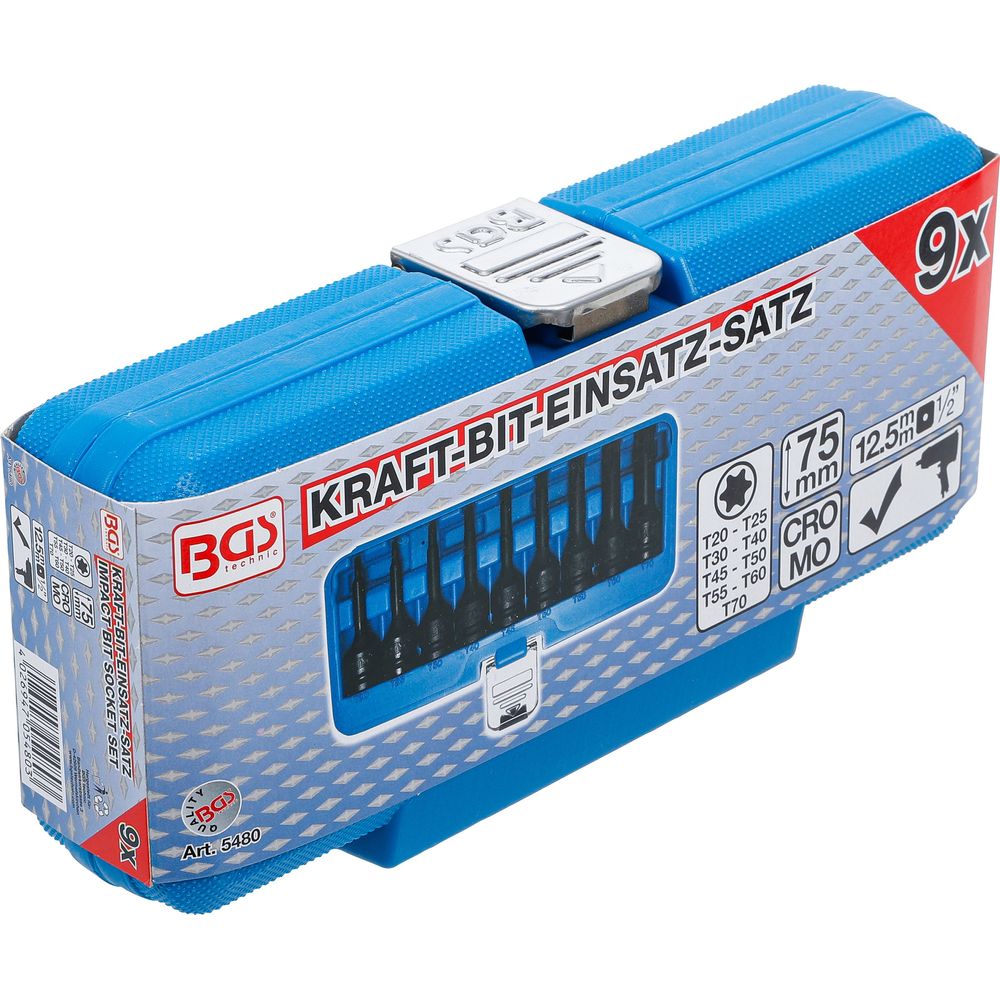 Impact bit socket set, 1/2" drive, T-Star (Torx) T20–T70, 9pcs Impact bit socket set, 1/2" drive, T-Star (Torx) T20–T70, 9pcs