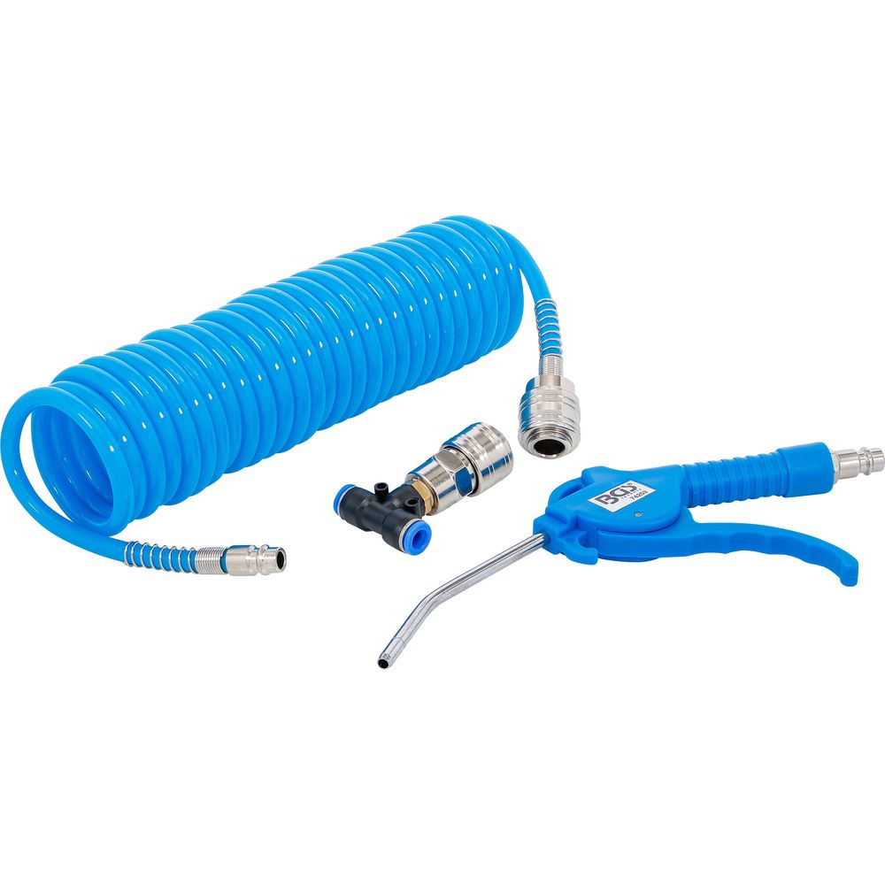 Air blow gun with spiral air hose and T-connector Air blow gun with spiral air hose and T-connector