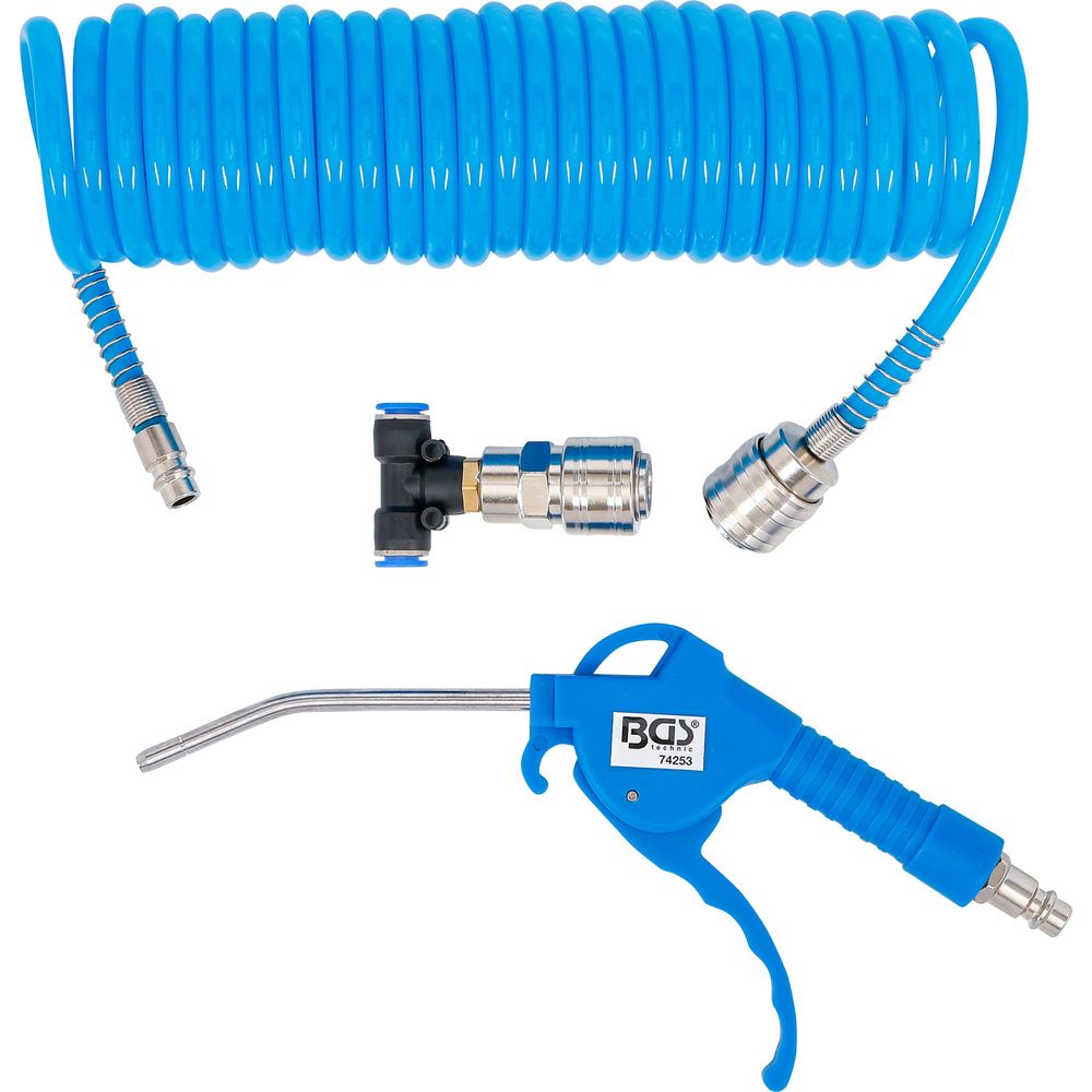 Air blow gun with spiral air hose and T-connector Air blow gun with spiral air hose and T-connector