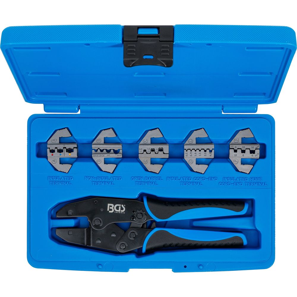 Crimpzangen-Set mit 5 auswechselbaren Backenpaaren Crimpzangen-Set mit 5 auswechselbaren Backenpaaren