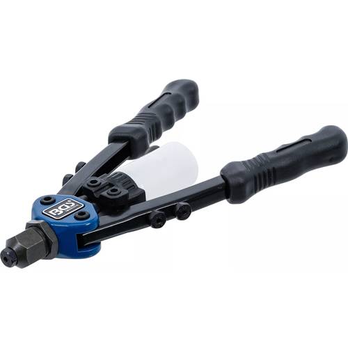 Long arm riveter with collecting bottle for steel rivets Long arm riveter with collecting bottle for steel rivets