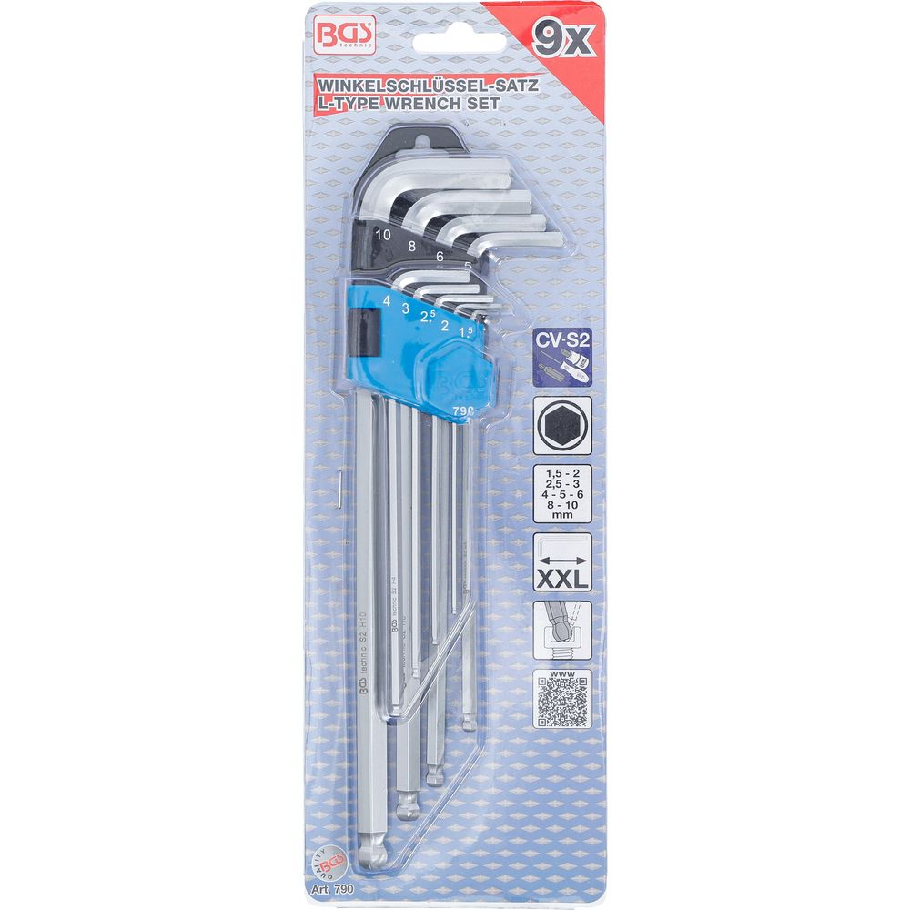 L-Type Wrench Set, extra long, internal Hexagon / internal Hexagon with Ball Head 1.5 - 10 mm, 9 pcs. L-Type Wrench Set, extra long, internal Hexagon / internal Hexagon with Ball Head 1.5 - 10 mm, 9 pcs.