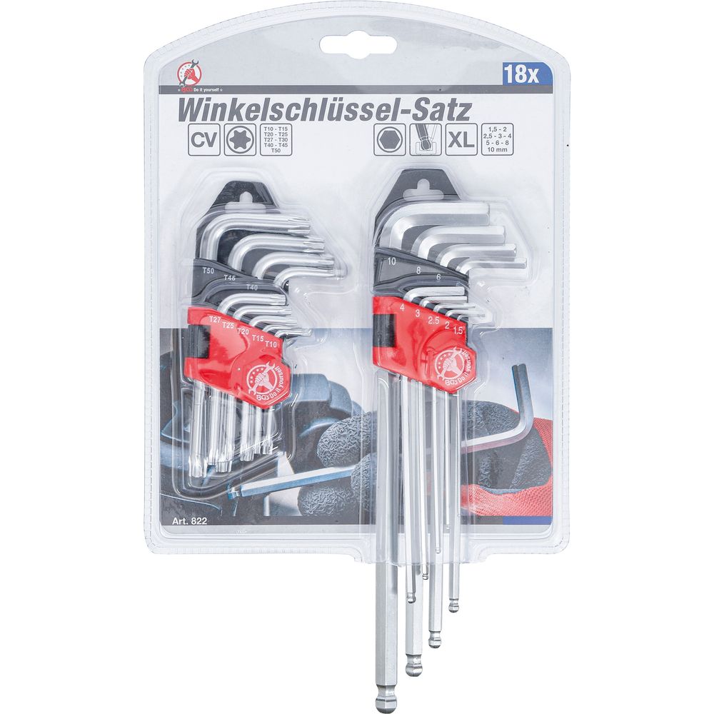 L-Type Wrench Set, long, T-Star (for Torx) T10 - T50 / Internal Hexagon 1.5 - 10 mm, 18 pcs. L-Type Wrench Set, long, T-Star (for Torx) T10 - T50 / Internal Hexagon 1.5 - 10 mm, 18 pcs.
