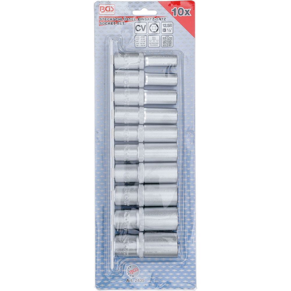 Deep hex socket set, 12.5mm (1/2") drive, inch sizes, 10pcs Deep hex socket set, 12.5mm (1/2") drive, inch sizes, 10pcs