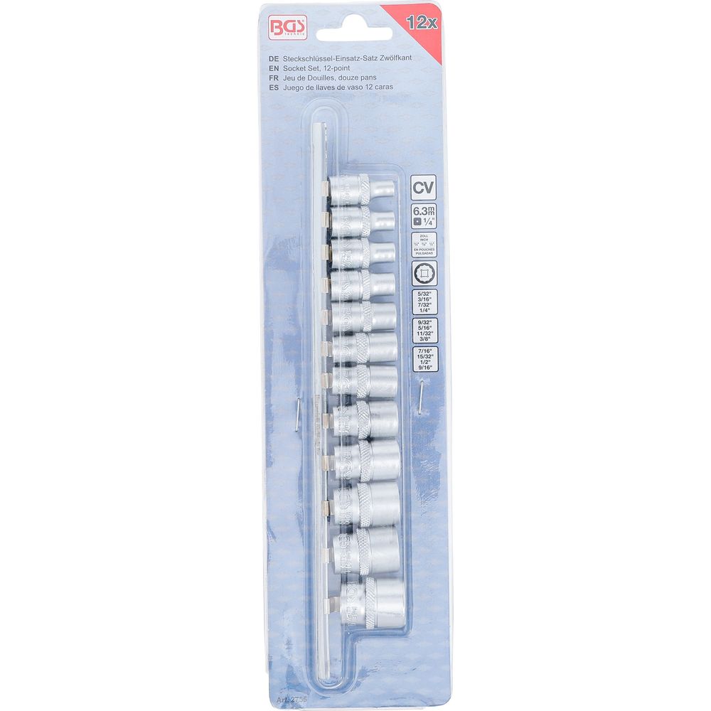 12-point socket set, 6.3mm (1/4") drive, inch sizes, 12pcs 12-point socket set, 6.3mm (1/4") drive, inch sizes, 12pcs