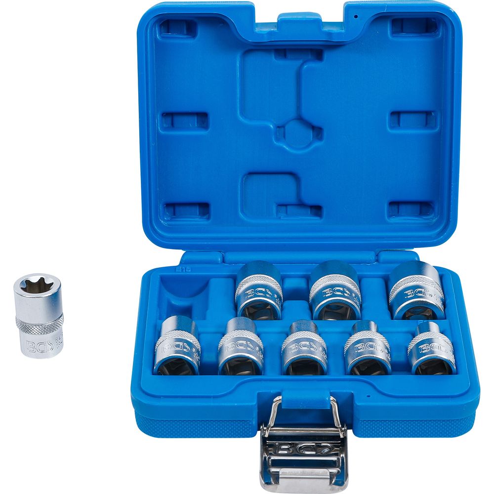 Steckschlüsselsatz E-Profil, 12.5mm (1/2") Antrieb, E10-E24, 9-tlg. Steckschlüsselsatz E-Profil, 12.5mm (1/2") Antrieb, E10-E24, 9-tlg.