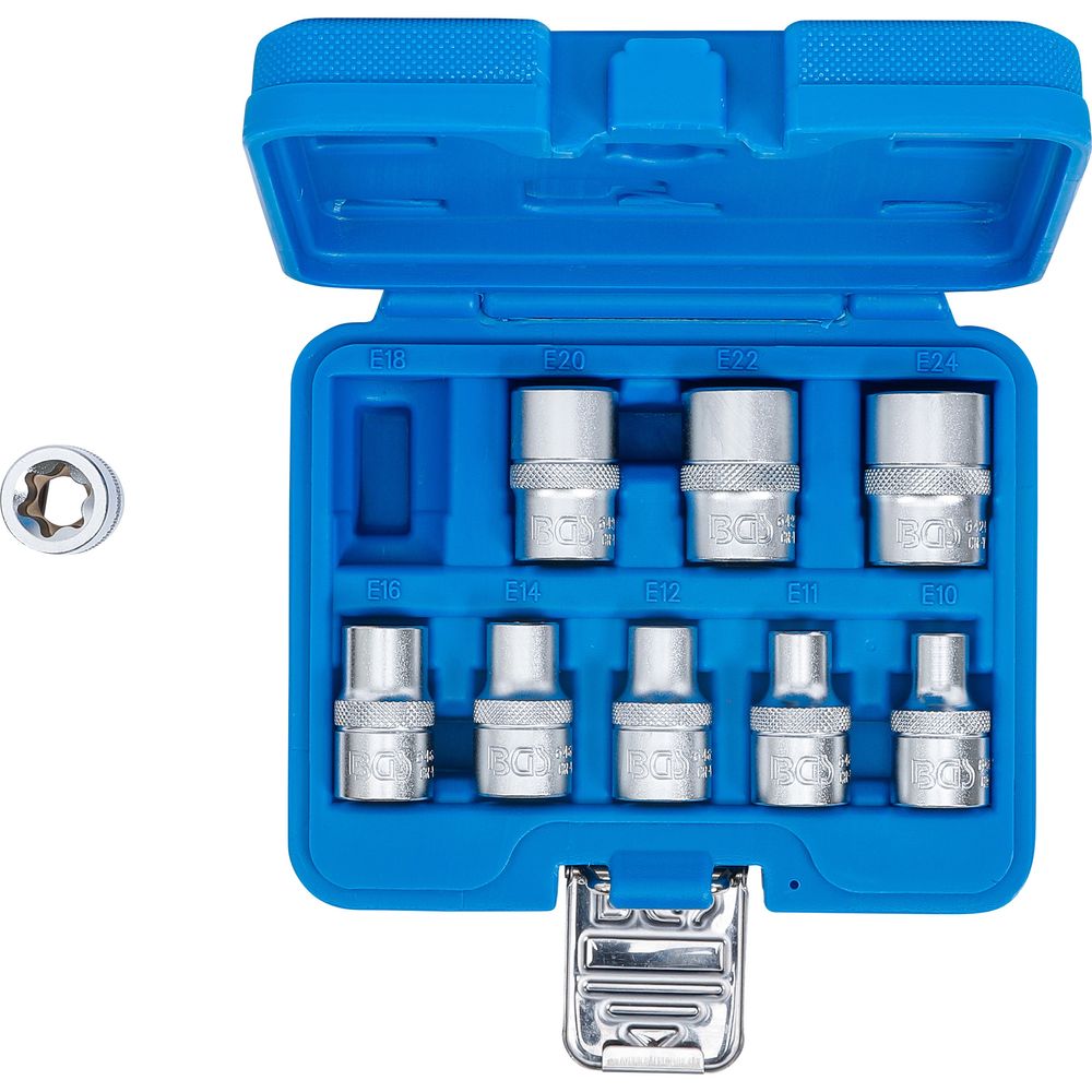 Steckschlüsselsatz E-Profil, 12.5mm (1/2") Antrieb, E10-E24, 9-tlg. Steckschlüsselsatz E-Profil, 12.5mm (1/2") Antrieb, E10-E24, 9-tlg.