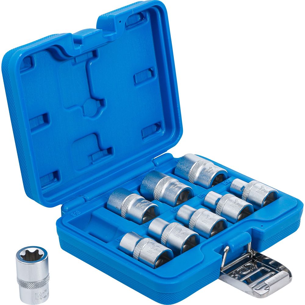 Steckschlüsselsatz E-Profil, 12.5mm (1/2") Antrieb, E10-E24, 9-tlg. Steckschlüsselsatz E-Profil, 12.5mm (1/2") Antrieb, E10-E24, 9-tlg.