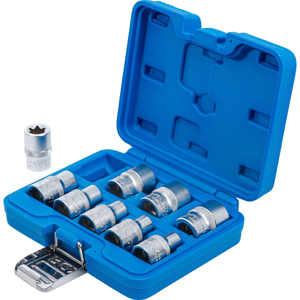 Steckschlüsselsatz E-Profil, 12.5mm (1/2") Antrieb, E10-E24, 9-tlg. Steckschlüsselsatz E-Profil, 12.5mm (1/2") Antrieb, E10-E24, 9-tlg.