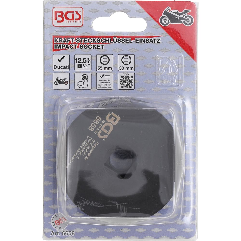 Impact socket, hexagon/12-point, for Ducati wheel fixings, 12.5mm (1/2") drive, 30/55mm Impact socket, hexagon/12-point, for Ducati wheel fixings, 12.5mm (1/2") drive, 30/55mm