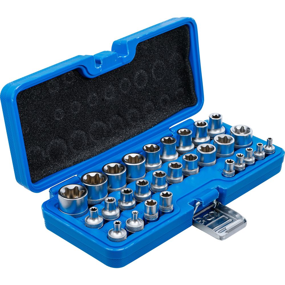 Steckschlüsselsatz E-Profil 6.3mm (1/4") / 12.5mm (1/2") Antrieb E4-E24 28-tlg. Steckschlüsselsatz E-Profil 6.3mm (1/4") / 12.5mm (1/2") Antrieb E4-E24 28-tlg.