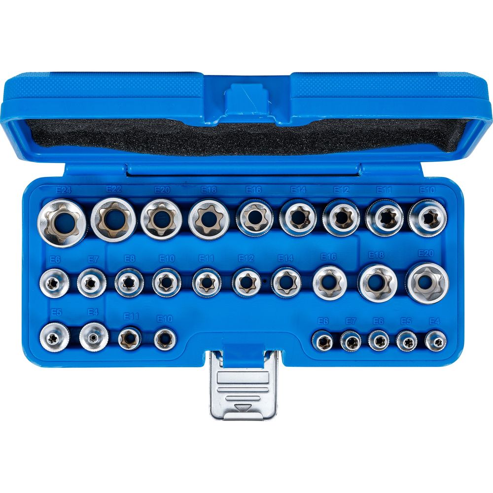 Steckschlüsselsatz E-Profil 6.3mm (1/4") / 12.5mm (1/2") Antrieb E4-E24 28-tlg. Steckschlüsselsatz E-Profil 6.3mm (1/4") / 12.5mm (1/2") Antrieb E4-E24 28-tlg.