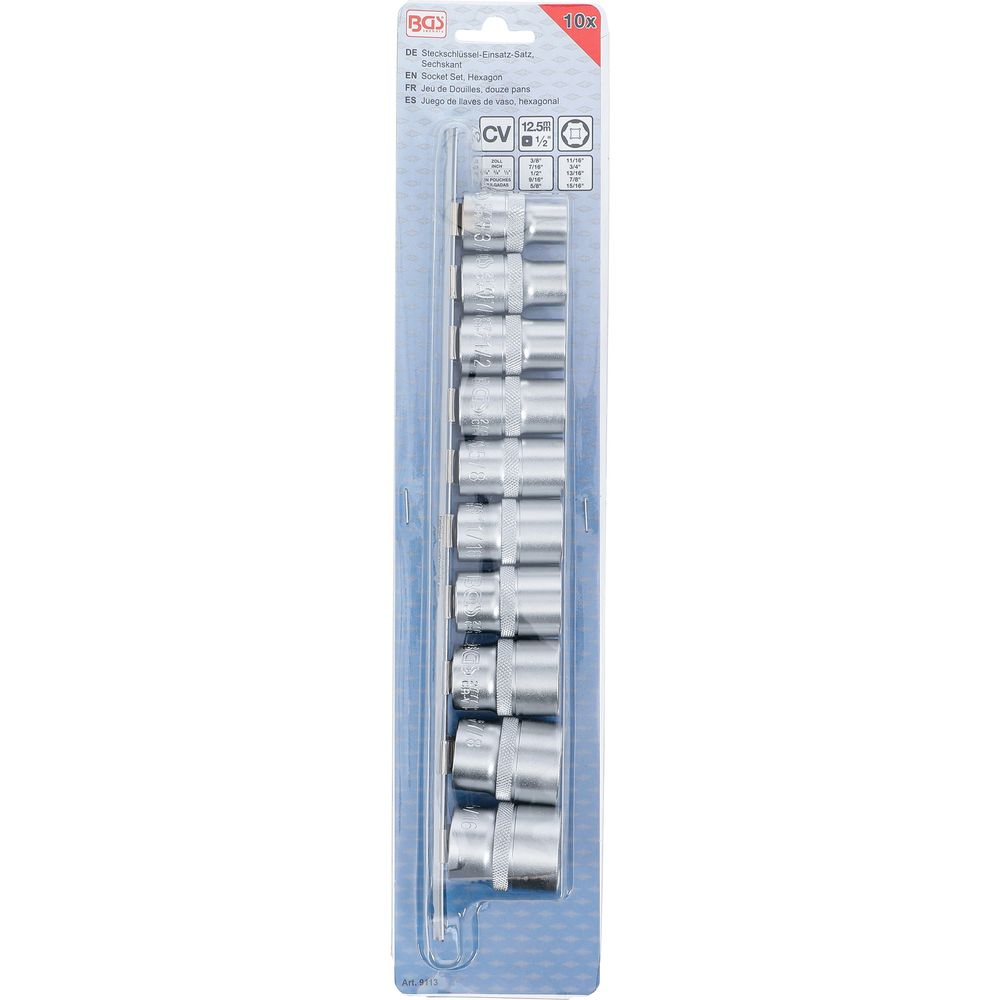 Socket set, hexagon 12.5 mm (1/2") drive inch sizes 10 pcs Socket set, hexagon 12.5 mm (1/2") drive inch sizes 10 pcs