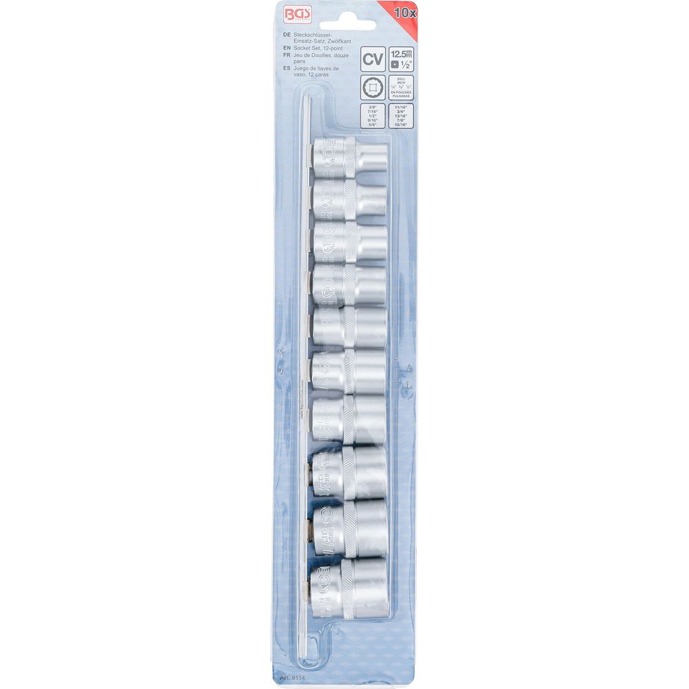 Socket set, 12-point 12.5 mm (1/2") drive inch sizes 10 pcs Socket set, 12-point 12.5 mm (1/2") drive inch sizes 10 pcs