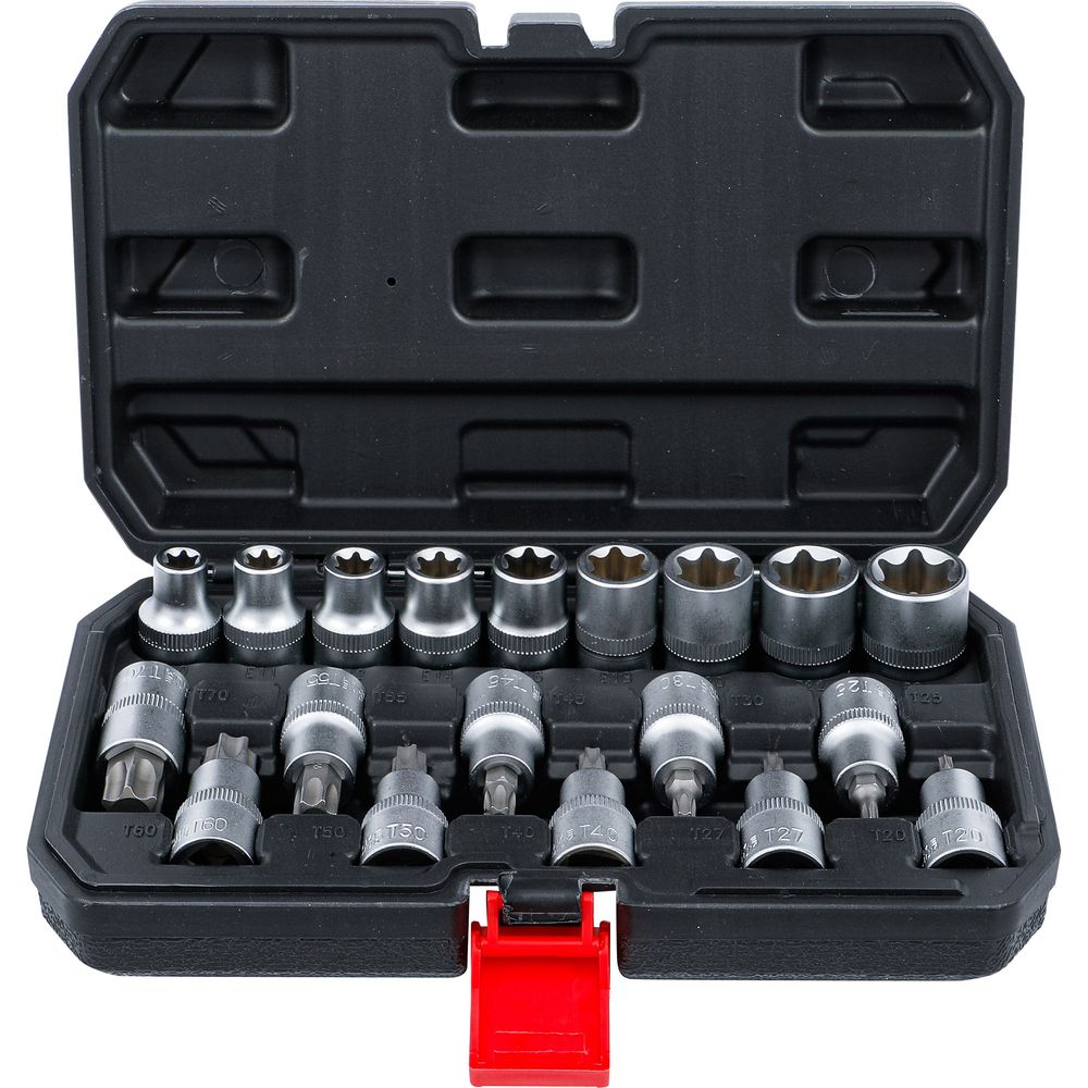 Bit- und Steckschlüssel-Satz, 1/2" Antrieb, T-Star und E-Profil, 19-tlg. Bit- und Steckschlüssel-Satz, 1/2" Antrieb, T-Star und E-Profil, 19-tlg.