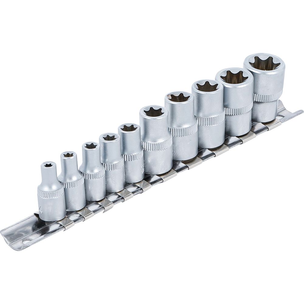 Stecknuss-Satz E-Profil, 1/4" & 3/8" Antrieb, E4–E16, 10-tlg. Stecknuss-Satz E-Profil, 1/4" & 3/8" Antrieb, E4–E16, 10-tlg.