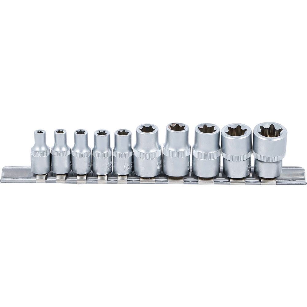 Stecknuss-Satz E-Profil, 1/4" & 3/8" Antrieb, E4–E16, 10-tlg. Stecknuss-Satz E-Profil, 1/4" & 3/8" Antrieb, E4–E16, 10-tlg.