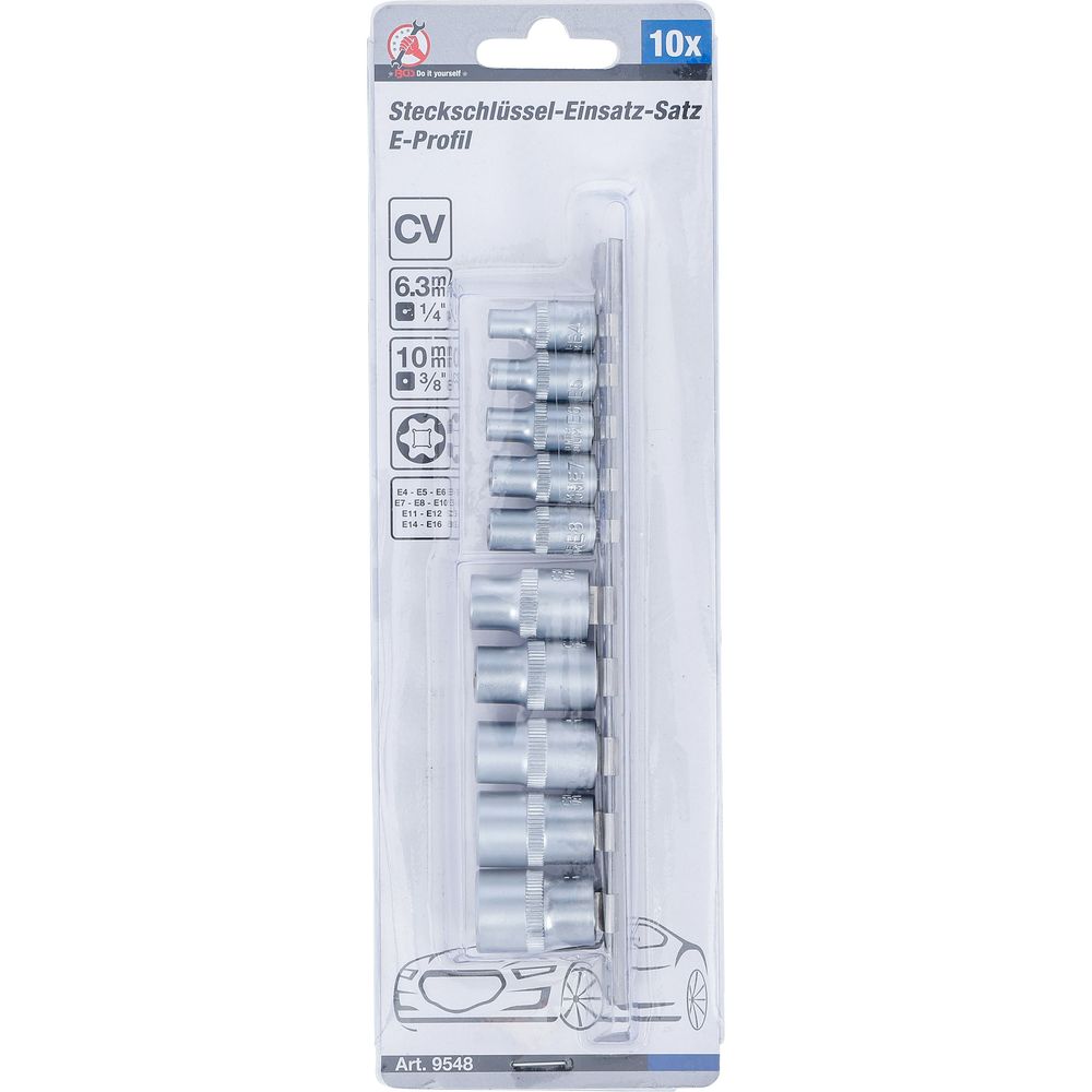 Stecknuss-Satz E-Profil, 1/4" & 3/8" Antrieb, E4–E16, 10-tlg. Stecknuss-Satz E-Profil, 1/4" & 3/8" Antrieb, E4–E16, 10-tlg.