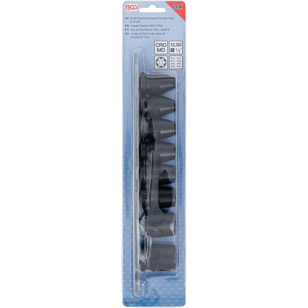 Impact Socket Set E-Star, 1/2" Drive, E10 - E24 mm, 8 pcs. Impact Socket Set E-Star, 1/2" Drive, E10 - E24 mm, 8 pcs.