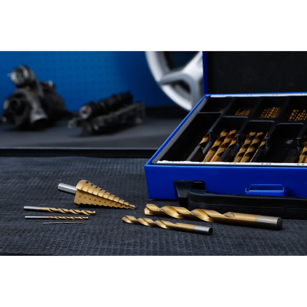 Spiral- & Stufenbohrer-Set HSS titan-nitriert, 1-10mm, 119-tlg. Spiral- & Stufenbohrer-Set HSS titan-nitriert, 1-10mm, 119-tlg.
