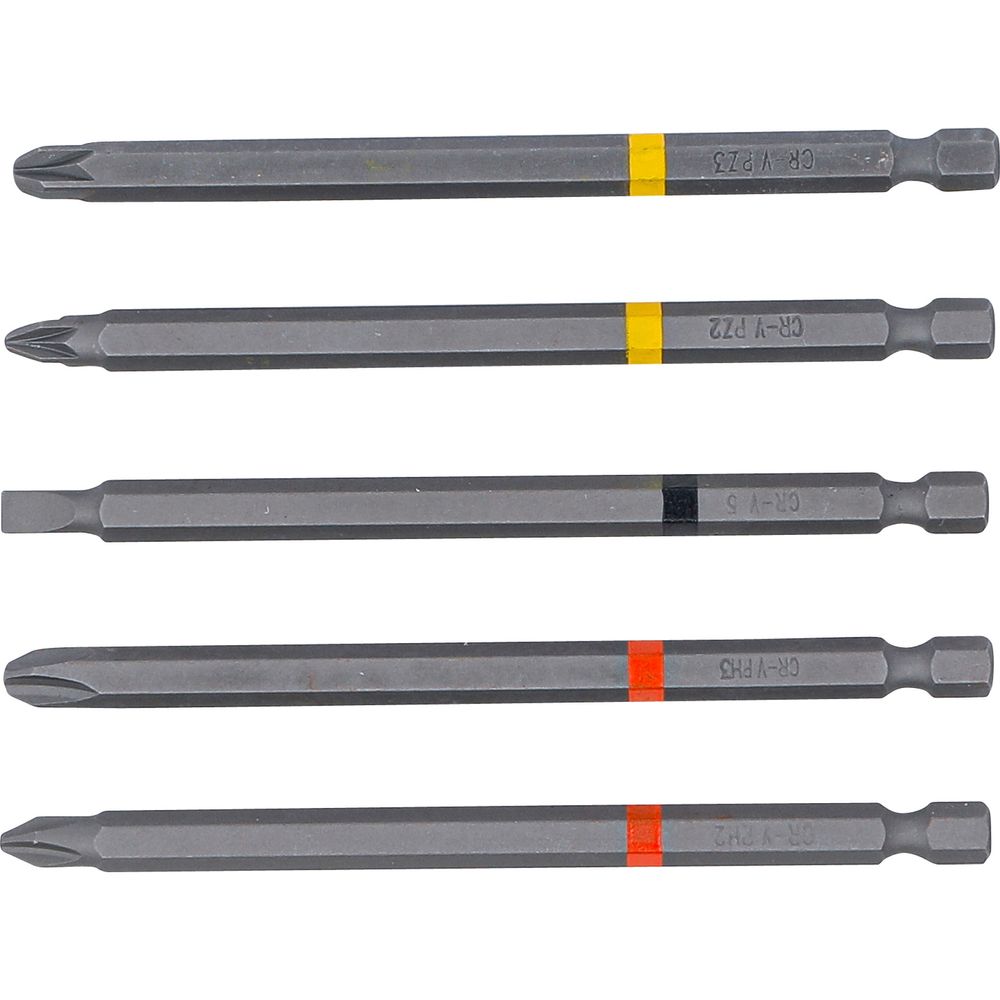 Bit-Satz 6,3mm (1/4") Antrieb, Kreuzschlitz PH, Kreuzschlitz PZ, Schlitz SL, Länge 110mm, 5-tlg. Bit-Satz 6,3mm (1/4") Antrieb, Kreuzschlitz PH, Kreuzschlitz PZ, Schlitz SL, Länge 110mm, 5-tlg.